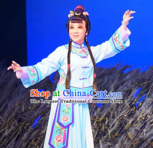 Chinese Cantonese Opera Village Girl Garment Zhuang Yuan Lin Zhaotang Costumes and Headdress Traditional Guangdong Opera Xiaodan Apparels Young Lady Blue Dress