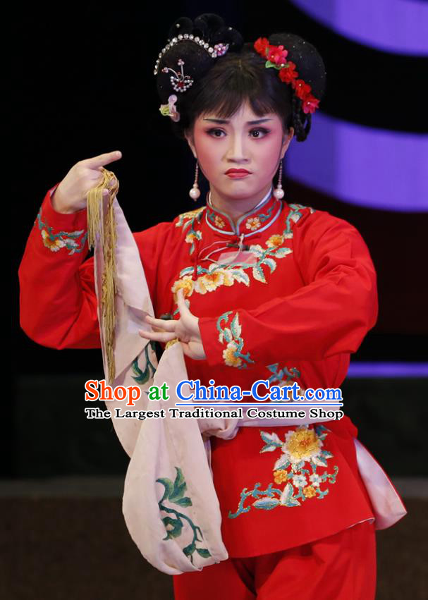 Chinese Cantonese Opera Young Lady Garment Nao Chai Costumes and Headdress Traditional Guangdong Opera Village Girl Apparels Hu Xiaoying Red Dress