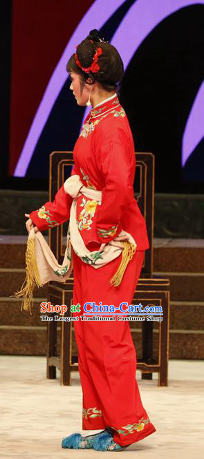 Chinese Cantonese Opera Young Lady Garment Nao Chai Costumes and Headdress Traditional Guangdong Opera Village Girl Apparels Hu Xiaoying Red Dress