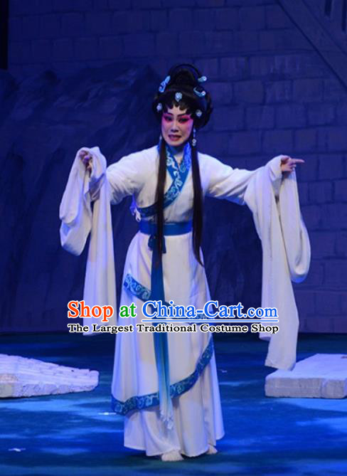 Chinese Cantonese Opera Young Female Garment King of Qin Meng Jiang Costumes and Headdress Traditional Guangdong Opera Actress Apparels Diva White Dress