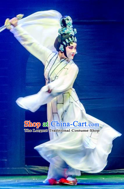 Chinese Cantonese Opera Swordswoman Garment King of Qin Meng Jiang Costumes and Headdress Traditional Guangdong Opera Wudan Apparels Martial Female Dress