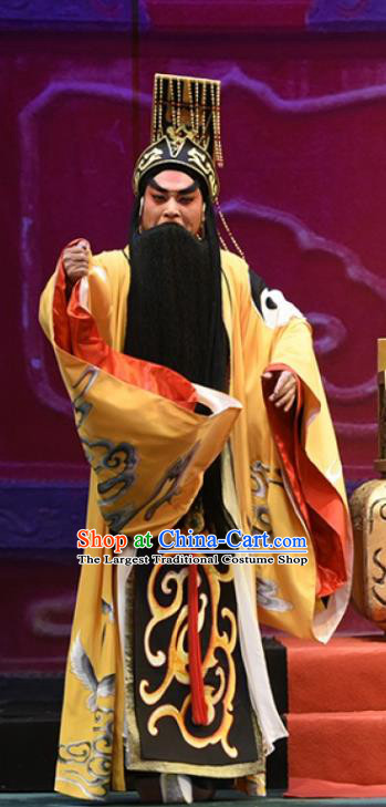 King of Qin Meng Jiang Chinese Guangdong Opera Monarch Apparels Costumes and Headwear Traditional Cantonese Opera Elderly Male Garment First Emperor Clothing