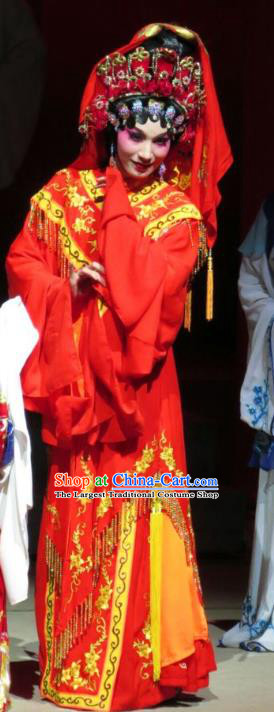 Chinese Cantonese Opera Bride Xiao Cui Garment The Strange Stories Costumes and Headdress Traditional Guangdong Opera Hua Tan Apparels Wedding Red Dress