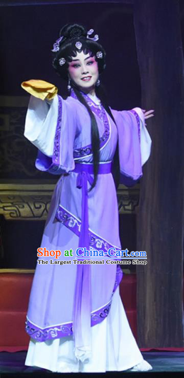 Chinese Cantonese Opera Young Female Garment King of Qin Meng Jiang Costumes and Headdress Traditional Guangdong Opera Actress Apparels Diva Purple Dress