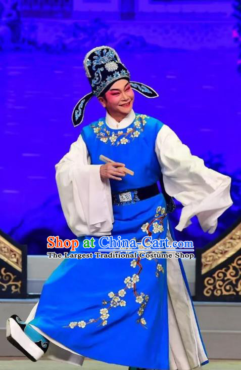 Chinese Guangdong Opera Scholar Apparels Costumes and Headwear Traditional Cantonese Opera Childe Xu Cheng Garment Xiaosheng Blue Clothing