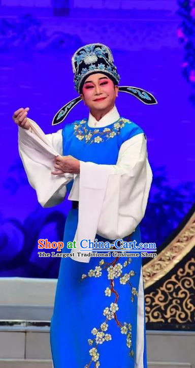 Chinese Guangdong Opera Scholar Apparels Costumes and Headwear Traditional Cantonese Opera Childe Xu Cheng Garment Xiaosheng Blue Clothing