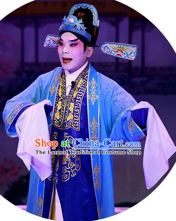 Escape from Banishment Chinese Guangdong Opera Childe Li Weile Apparels Costumes and Headwear Traditional Cantonese Opera Xiaosheng Garment Scholar Blue Clothing