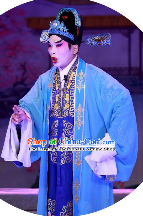 Escape from Banishment Chinese Guangdong Opera Childe Li Weile Apparels Costumes and Headwear Traditional Cantonese Opera Xiaosheng Garment Scholar Blue Clothing