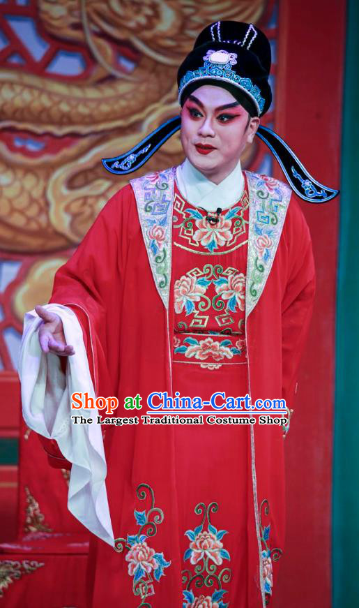 San Xiao Yin Yuan Chinese Guangdong Opera Bridegroom Apparels Costumes and Headwear Traditional Cantonese Opera Scholar Tang Bohu Garment Wedding Clothing