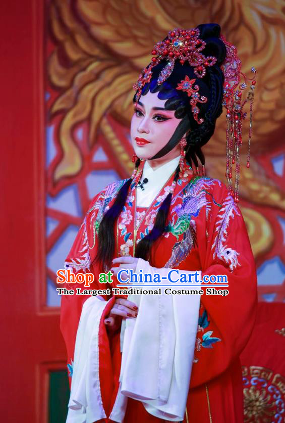 Chinese Cantonese Opera Bride Qiu Xiang Garment San Xiao Yin Yuan Costumes and Headdress Traditional Guangdong Opera Hua Tan Apparels Young Beauty Red Dress