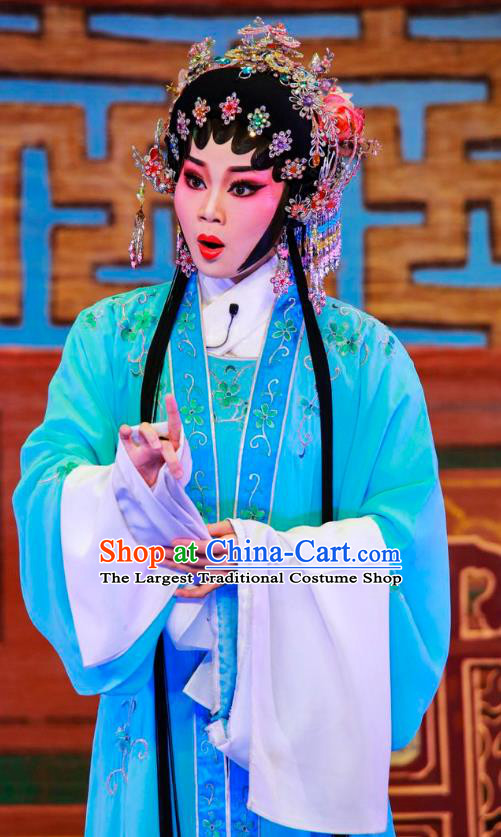 Chinese Cantonese Opera Young Lady Garment San Xiao Yin Yuan Costumes and Headdress Traditional Guangdong Opera Hua Tan Apparels Diva Qiu Xiang Blue Dress