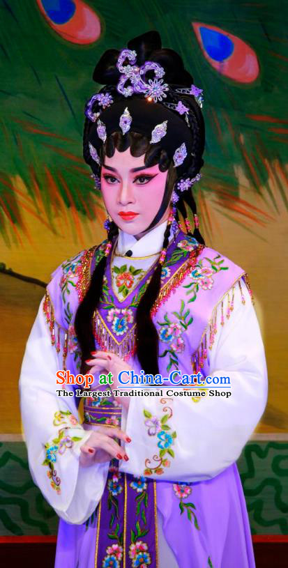 Chinese Cantonese Opera Servant Girl Garment San Xiao Yin Yuan Costumes and Headdress Traditional Guangdong Opera Hua Tan Apparels Diva Qiu Xiang Purple Dress