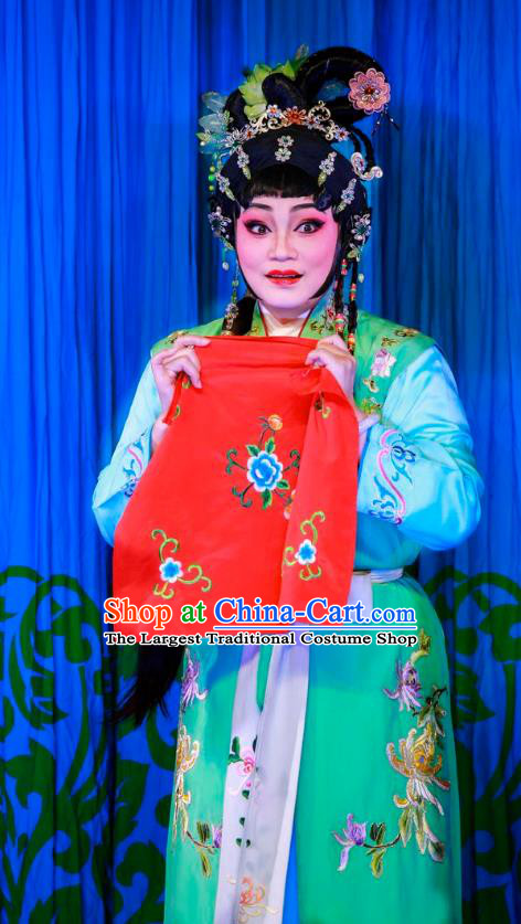 Chinese Cantonese Opera Maid Lady Garment San Xiao Yin Yuan Costumes and Headdress Traditional Guangdong Opera Xiaodan Apparels Servant Girl Green Dress