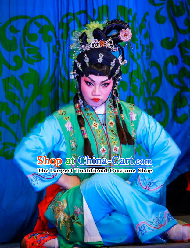 Chinese Cantonese Opera Maid Lady Garment San Xiao Yin Yuan Costumes and Headdress Traditional Guangdong Opera Xiaodan Apparels Servant Girl Green Dress