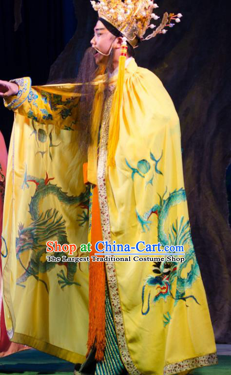 Chinese Guangdong Opera Elderly Male Apparels Costumes and Headwear Traditional Cantonese Opera Monarch Garment Emperor Clothing