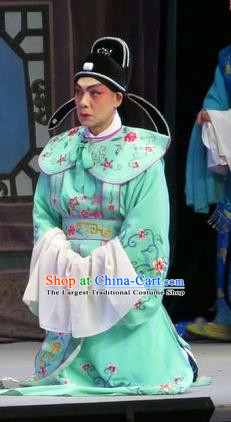 Wu Nv Bai Shou Chinese Guangdong Opera Young Male Apparels Costumes and Headwear Traditional Cantonese Opera Childe Garment Xiaosheng Green Clothing