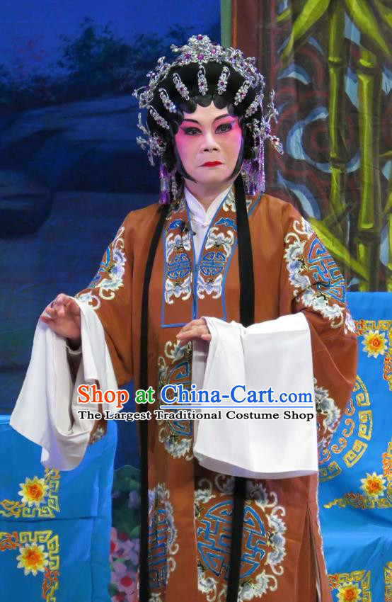 Chinese Cantonese Opera Noble Dame Garment Wu Nv Bai Shou Costumes and Headdress Traditional Guangdong Opera Elderly Female Apparels Mistress Dress