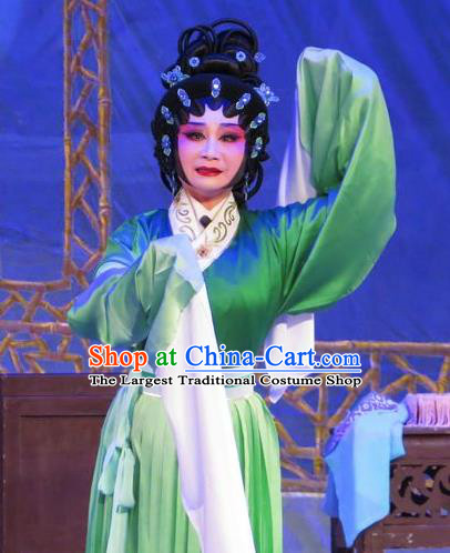 Chinese Cantonese Opera Country Woman Garment Wu Nv Bai Shou Costumes and Headdress Traditional Guangdong Opera Young Mistress Apparels Yang Sanchun Green Dress