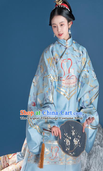 Chinese Traditional Ming Dynasty Noble Lady Embroidered Apparels Ancient Royal Princess Hanfu Dress Historical Costumes Blue Long Blouse and Skirt Complete Set