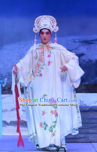 Chinese Guangdong Opera Niche Apparels Costumes and Headwear Traditional Cantonese Opera Xiaosheng Garment Young Male Zhu Zhong White Robe Clothing
