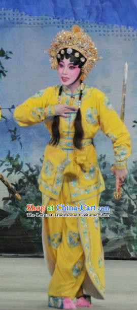 Chinese Cantonese Opera Martial Female Garment The Sword Costumes and Headdress Traditional Guangdong Opera Wudan Apparels Swordswoman Yellow Dress