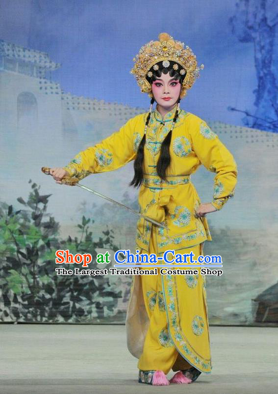 Chinese Cantonese Opera Martial Female Garment The Sword Costumes and Headdress Traditional Guangdong Opera Wudan Apparels Swordswoman Yellow Dress