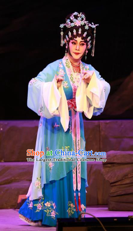 Chinese Cantonese Opera Actress Garment the Legend of Gold Rice Costumes and Headdress Traditional Guangdong Opera Hua Tan Apparels Diva Shi Hua Blue Dress