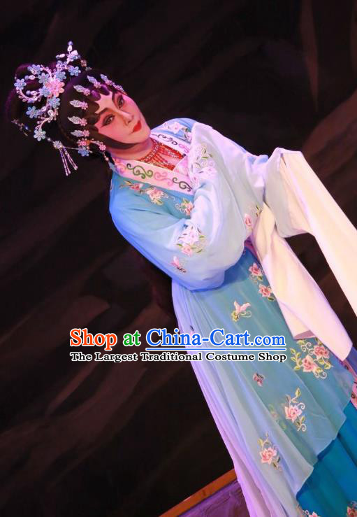 Chinese Cantonese Opera Actress Garment the Legend of Gold Rice Costumes and Headdress Traditional Guangdong Opera Hua Tan Apparels Diva Shi Hua Blue Dress