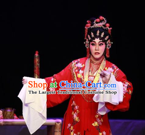 Chinese Cantonese Opera Bride Garment the Legend of Gold Rice Costumes and Headdress Traditional Guangdong Opera Young Female Apparels Diva Shi Hua Red Dress