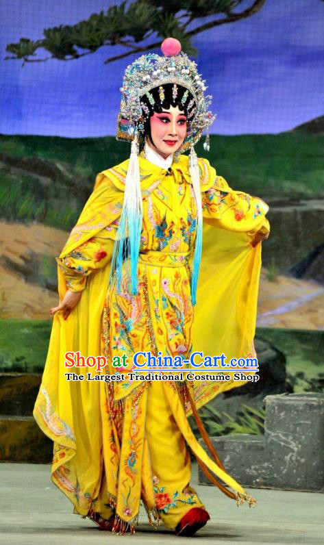 Chinese Cantonese Opera Wudan Garment The Sword Costumes and Headdress Traditional Guangdong Opera Swordswoman Apparels Martial Female Yellow Dress