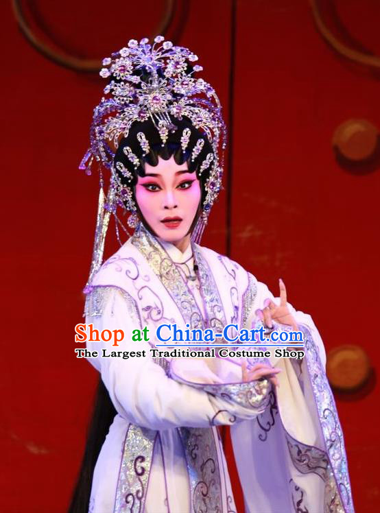 Chinese Cantonese Opera Hua Tan Garment Wu Suo Dong Gong Costumes and Headdress Traditional Guangdong Opera Young Female Apparels Actress Wei Peiniang Dress