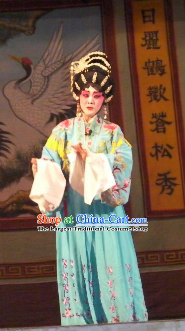 Chinese Cantonese Opera Queen Garment Wu Suo Dong Gong Costumes and Headdress Traditional Guangdong Opera Actress Apparels Empress Blue Dress