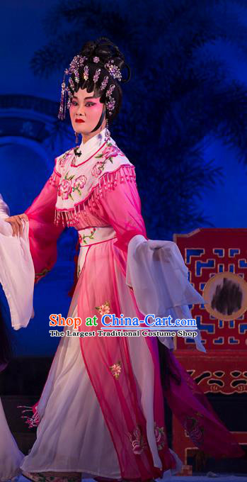 Chinese Cantonese Opera Princess Garment Wu Suo Dong Gong Costumes and Headdress Traditional Guangdong Opera Hua Tan Apparels Actress Rosy Dress