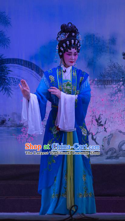 Chinese Cantonese Opera Young Female Garment Wu Suo Dong Gong Costumes and Headdress Traditional Guangdong Opera Princess Apparels Actress Blue Dress