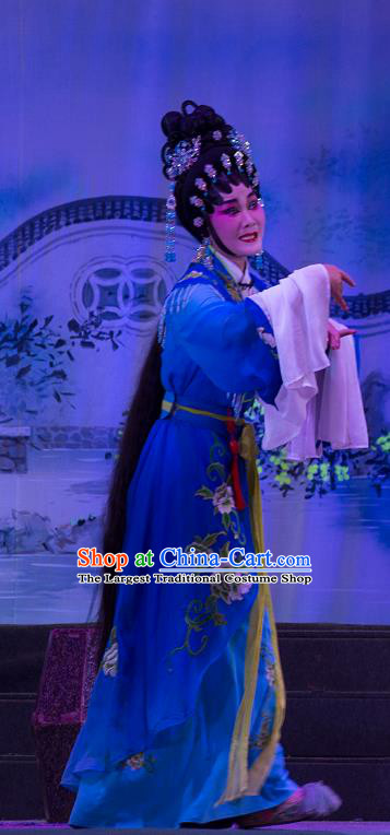 Chinese Cantonese Opera Young Female Garment Wu Suo Dong Gong Costumes and Headdress Traditional Guangdong Opera Princess Apparels Actress Blue Dress