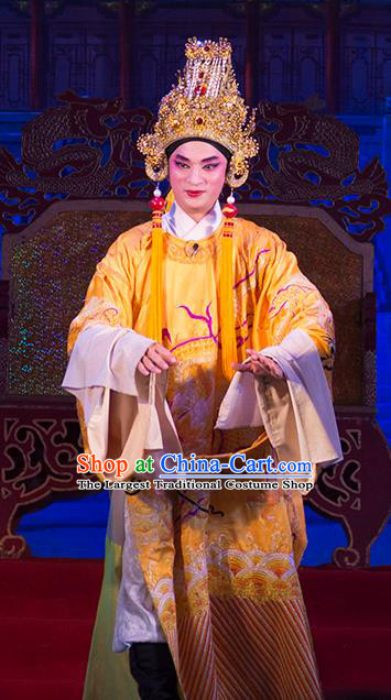 Wu Suo Dong Gong Chinese Guangdong Opera Xiaosheng Wen Xi Apparels Costumes and Headwear Traditional Cantonese Opera Young Male Garment Emperor Clothing