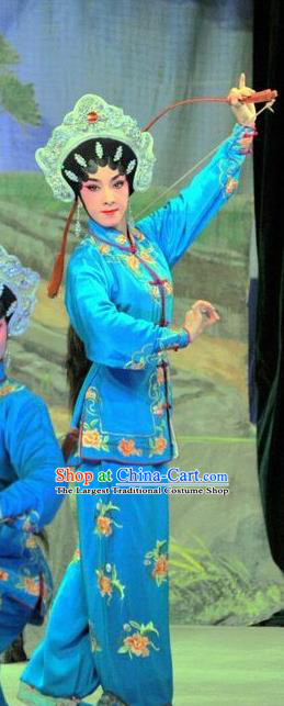 Chinese Cantonese Opera Martial Female Garment The Sword Costumes and Headdress Traditional Guangdong Opera Swordswoman Apparels Wudan Blue Dress