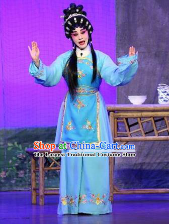 Chinese Cantonese Opera Village Girl Garment Feng Guan Meng Costumes and Headdress Traditional Guangdong Opera Young Female Apparels Diva Li Yue E Blue Dress