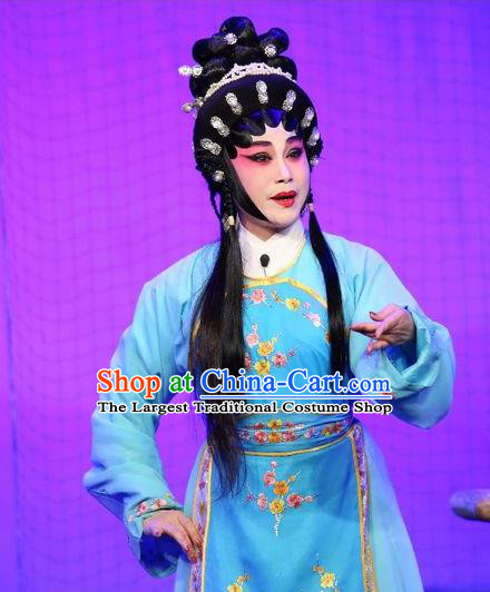 Chinese Cantonese Opera Village Girl Garment Feng Guan Meng Costumes and Headdress Traditional Guangdong Opera Young Female Apparels Diva Li Yue E Blue Dress