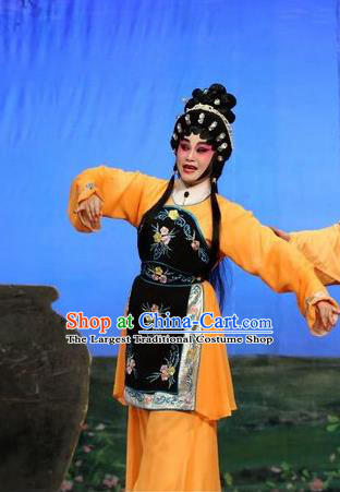Chinese Cantonese Opera Country Woman Garment Feng Guan Meng Costumes and Headdress Traditional Guangdong Opera Young Female Apparels Li Yue E Dress