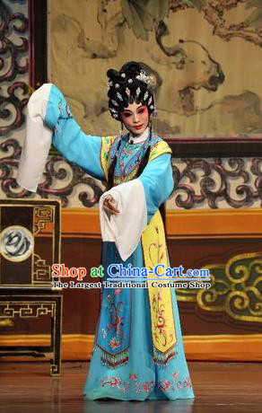 Chinese Cantonese Opera Young Beauty Garment Feng Guan Meng Costumes and Headdress Traditional Guangdong Opera Diva Li Chunniang Apparels Actress Blue Dress