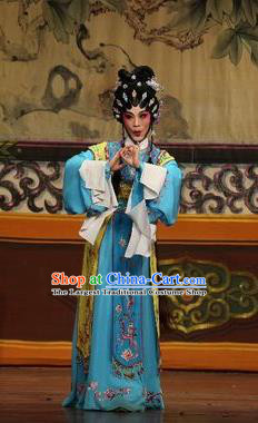 Chinese Cantonese Opera Young Beauty Garment Feng Guan Meng Costumes and Headdress Traditional Guangdong Opera Diva Li Chunniang Apparels Actress Blue Dress
