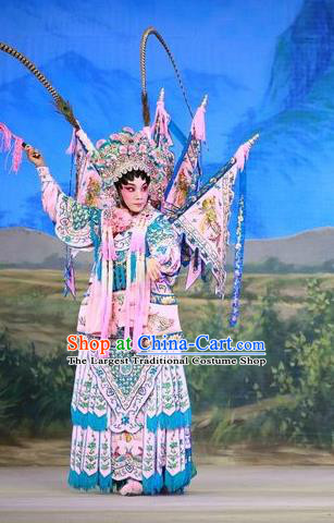 Chinese Cantonese Opera Tao Ma Tan Garment San Kan Yu Mei Costumes and Headdress Traditional Guangdong Opera Blues Apparels Female General Liu Jinding Dress with Flags