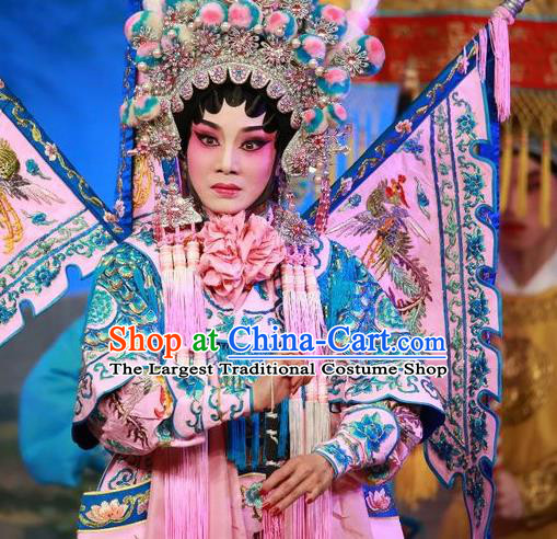 Chinese Cantonese Opera Tao Ma Tan Garment San Kan Yu Mei Costumes and Headdress Traditional Guangdong Opera Blues Apparels Female General Liu Jinding Dress with Flags