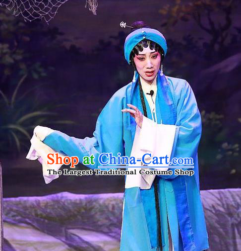 Chinese Cantonese Opera Country Woman Garment Costumes and Headdress Traditional Guangdong Opera Actress Apparels Young Female Blue Dress