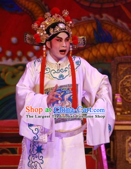 Nu Chuang Jin Dian Chinese Guangdong Opera Xiaosheng Apparels Costumes and Headwear Traditional Cantonese Opera Scholar Garment Young Male Clothing