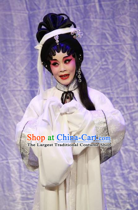 Chinese Cantonese Opera Young Female Garment Qing Hua Pan Jinlian Costumes and Headdress Traditional Guangdong Opera Actress Apparels Widow White Dress