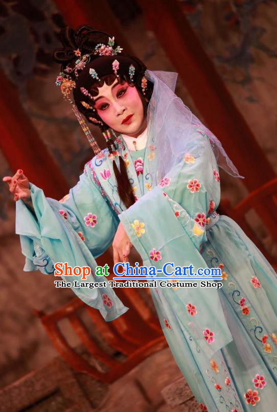 Chinese Cantonese Opera Young Female Garment Dan Jia Nv Costumes and Headdress Traditional Guangdong Opera Hua Tan Apparels Actress Blue Dress