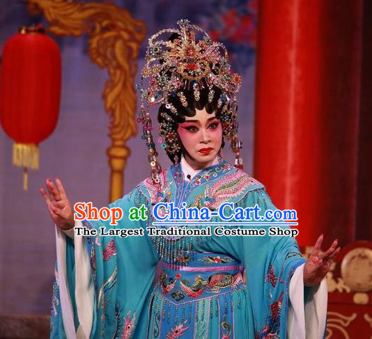 Chinese Cantonese Opera Imperial Consort Garment Dan Jia Nv Costumes and Headdress Traditional Guangdong Opera Hua Tan Apparels Young Female Blue Dress