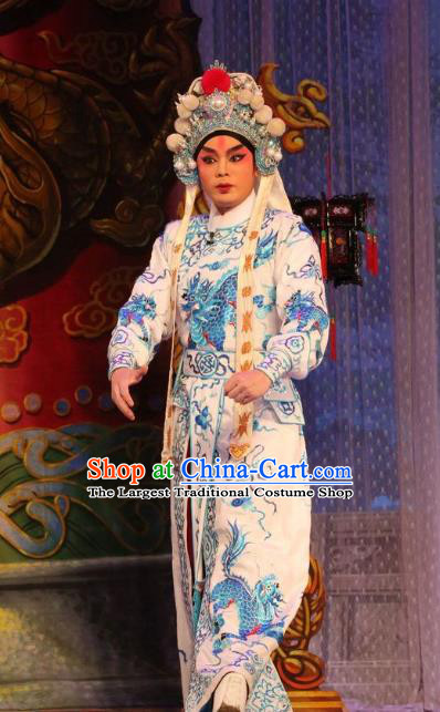 Chinese Guangdong Opera Martial Male Apparels Costumes and Headwear Traditional Cantonese Opera Wusheng Garment Prince Consort Guo Ai Clothing